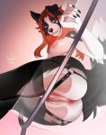 anthro anus ariannafray_pr big_breasts black_body black_fur blue_eyes border_collie breasts canid canine canis claws clothed clothing collie domestic_dog female fluffy fluffy_tail fur garter_straps genitals hair herding_dog hi_res legwear looking_at_viewer looking_down looking_down_at_viewer low-angle_view mammal nipples orange_hair pastoral_dog pussy sheepdog smile solo tail thigh_highs topless worm&#039;s-eye_view