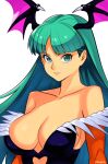 1girl black_leotard blunt_bangs blush breasts cleavage demon_girl green_eyes green_hair head_wings highres large_breasts leotard long_hair looking_at_viewer morrigan_aensland parted_lips simple_background smgold smile solo upper_body vampire_(game) white_background wings 