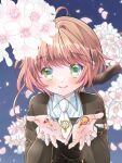  1girl ahoge blush brown_hair cardcaptor_sakura cherry_blossoms fuuin_no_tsue green_eyes hoshi_no_tsue kinomoto_sakura long_sleeves looking_at_viewer petals ryorouzuki school_uniform short_hair smile solo tomoeda_middle_school_uniform upper_body yume_no_tsue 