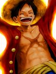  1boy abs black_hair closed_eyes collarbone commentary_request hat highres male_focus monkey_d._luffy one_piece open_clothes open_mouth open_shirt red_shirt sash scar scar_on_cheek scar_on_chest scar_on_face shirt short_hair smile solo straw_hat taka29taka teeth 
