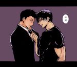  2boys artist_request black_hair couple eye_contact fushiguro_touji jujutsu_kaisen looking_at_another male_focus mature_male multiple_boys muscular muscular_male pectorals profile scar scar_on_face scar_on_mouth shirt shiu_kong short_hair smile smirk suit tight_clothes tight_shirt translation_request upper_body yaoi 