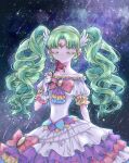  1girl bow brooch closed_eyes colored_eyelashes commentary_request covered_navel cowboy_shot dress facing_viewer falulu falulu_(awakened) flower forehead_jewel gloves green_hair hand_up headphones highres holding holding_flower idol_clothes jewelry lichu_ric long_hair meteor_shower night night_sky parted_bangs pink_bow pretty_series pripara red_flower sidelocks sky smile solo standing star_(sky) starry_sky twintails white_dress white_gloves wing_hair_ornament 