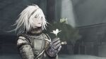  1boy absurdres armor blue_eyes eshi_(eshi_lv3) flower from_side gloves hair_between_eyes hair_ornament highres holding holding_flower long_hair looking_ahead lunar_tear male_focus monochrome nier nier_(series) nier_(young) parted_lips smile solo upper_body white_flower white_hair 