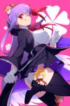  1boy 3girls archer_(fate) ass bb_(fate) bb_(fate/extra) black_coat black_skirt black_thighhighs blush breasts chibi coat collared_leotard echo_(circa) fate/extra fate/extra_ccc fate_(series) gloves hair_ribbon high-waist_skirt large_breasts leotard licking_lips long_hair long_sleeves looking_at_viewer looking_back multiple_girls neck_ribbon nero_claudius_(fate) nero_claudius_(fate/extra) one_eye_closed open_clothes open_coat pointer popped_collar purple_hair red_eyes red_ribbon ribbon skirt smile tamamo_(fate) tamamo_no_mae_(fate/extra) thighhighs thighs tongue tongue_out very_long_hair white_gloves white_leotard wide_sleeves 