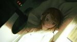  1girl a.i._voice adachi_rei alternate_costume bed black_eyes closed_mouth commentary crack_of_light dutch_angle expressionless from_side hair_ornament hairclip head_on_pillow highres hijou_botan hospital_bed indoors looking_to_the_side lying machine medium_hair on_back on_bed orange_hair orange_pupils pillow shadow shirt solo swept_bangs upper_body utau white_shirt 