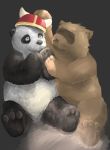  2018 anthro armor bear belly bezdomny canine duo eyes_closed helmet humanoid_hands male mammal overweight overweight_male panda simple_background sitting tanuki viking_helmet 