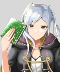  book breasts brown_eyes cleavage closed_mouth commentary_request female_my_unit_(fire_emblem:_kakusei) fire_emblem fire_emblem:_kakusei grey_background holding holding_book hood hood_down my_unit_(fire_emblem:_kakusei) open_clothes open_robe robe simple_background smile solo tpicm twintails white_hair 
