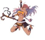  1girl ahoge ankle_wrap ark_order artist_request barefoot bracelet braid breasts cane crop_top dark-skinned_female dark_skin earrings facial_mark full_body grin holding holding_cane jewelry jumping kuafu_(ark_order) large_breasts long_hair looking_at_viewer multicolored_hair navel official_art orange_shirt orange_skirt shirt side_braid sidelocks skirt sleeveless sleeveless_shirt smile solo stomach_tattoo tachi-e tattoo thigh_strap transparent_background tribal twin_braids underboob yellow_eyes 