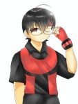  1boy 2000s_(style) :3 ahoge black_hair brendan_(pokemon) can&#039;t_be_this_cute glasses highres looking_at_viewer nintendo non-web_source pokemon pokemon_adventures pokemon_rse red_eyes scar seductive_smile short_hair smile sonasan 