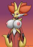 anthro areola big_breasts breasts chameloshi collar delphox exposed_breasts female generation_6_pokemon half-closed_eyes hi_res huge_breasts looking_at_viewer narrowed_eyes navel nintendo nipples pokemon pokemon_(species) solo