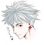  1boy earrings jewelry looking_at_viewer male_focus momota_(kinrara) red_eyes rough_(talesrunner) silver_hair simple_background smile spiked_hair talesrunner white_background 