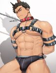  1boy abs animal_ears bara bdsm biceps black_male_underwear bondage bound brown_eyes brown_hair bulge chain chain_leash chest_harness closed_mouth collar fangs frown harness highres leash male_focus male_underwear muscular muscular_male nipples original pants pectorals restrained rio_mukiniki scar scar_on_cheek scar_on_face shadow simple_background thick_eyebrows underwear white_background 