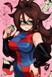  1girl alex_ahad android_21 bare_shoulders black_nails black_sleeves blue_dress blue_eyes brown_hair cowboy_shot crumbs detached_sleeves dragon_ball dragon_ball_fighterz dress earrings eating food glasses hair_between_eyes hand_on_own_hip highres holding holding_food hoop_earrings jewelry long_hair long_sleeves looking_to_the_side macaron multicolored_clothes pink_background red_dress signature sleeveless solo 