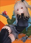  1girl absurdres ahoge apple arknights belt belt_buckle black_shirt black_thighhighs breasts buckle commentary_request food fruit gloves green_jacket grey_belt grey_gloves grey_shorts hair_between_eyes highres holding holding_food holding_fruit jacket light_brown_hair long_hair long_sleeves looking_at_viewer medium_breasts off_shoulder one_side_up open_clothes open_jacket orange_background parted_lips puffy_long_sleeves puffy_sleeves red_apple red_eyes shirt short_shorts shorts skadi_(arknights) skadi_(the_next_afternoon_tea)_(arknights) solo thighhighs yellow_background yunnasu 