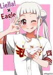  1girl ;p absurdres arashi_chisato baozi baseball_jersey blunt_bangs blush border collarbone commentary_request double_bun food group_name hair_bun highres holding holding_food looking_at_viewer love_live! love_live!_superstar!! medium_hair nippon_professional_baseball ok_sign one_eye_closed outside_border pakudehon pink_background red_eyes shirt short_sleeves single_sidelock solo sparkle standing tongue tongue_out touhoku_rakuten_golden_eagles twintails upper_body white_border white_hair white_shirt 