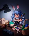 1girl absurdres animal_ear_fluff animal_ears bare_shoulders basket black_gloves black_leotard blue_hair bow braid breasts brown_eyes carrot_hair_ornament commentary detached_sleeves don-chan_(usada_pekora) dress easter egg english_commentary food-themed_hair_ornament furin94 gloves hair_bow hair_ornament highres holding holding_egg holding_paintbrush hololive lamp leotard long_hair multicolored_hair paintbrush palette_(object) puffy_short_sleeves puffy_sleeves rabbit_ears short_eyebrows short_sleeves small_breasts solo stereo strapless strapless_dress strapless_leotard table thick_eyebrows twin_braids twintails two-tone_hair usada_pekora usada_pekora_(1st_costume) v-shaped_eyebrows very_long_hair virtual_youtuber white_bow white_dress white_hair white_sleeves 