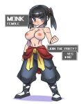  1girl baggy_pants black_eyes black_hair breasts cannsk clenched_hand commentary_request english_text full_body hair_bobbles hair_ornament inverted_nipples large_breasts narrow_waist navel original pants sidelocks solo topless twintails wristband 