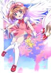  1girl blush brown_hair cardcaptor_sakura cherry_blossoms dress full_body gloves green_eyes highres himehachi_(hime8manga) holding holding_wand kero_(cardcaptor_sakura) kinomoto_sakura magical_girl open_mouth petals pink_dress pink_hat short_hair smile solo thighhighs wand white_gloves white_thighhighs white_wings wings 