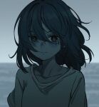  1girl chou_(danny8461) collarbone expressionless hair_between_eyes highres horizon looking_at_viewer medium_hair monochrome original outdoors overcast shirt sky solo t-shirt water wind 