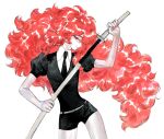  1other androgynous black_necktie collared_shirt crystal_hair gem_uniform_(houseki_no_kuni) houseki_no_kuni long_hair looking_at_viewer mock_ma necktie other_focus padparadscha_(houseki_no_kuni) puffy_short_sleeves puffy_sleeves red_eyes red_hair shirt short_sleeves shorts smile solo thighhighs very_long_hair wavy_hair white_background 