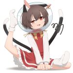  1girl :3 absurdres animal_ear_fluff animal_ears asakura_haru bow bowtie brown_hair cat_ears cat_girl cat_tail chen dress earrings gold_bowtie highres jewelry long_sleeves looking_at_self multiple_tails open_mouth pet_cone short_hair simple_background solo tail touhou white_background 