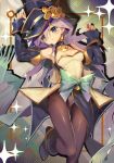  1girl bare_shoulders blue_bow blue_eyes bow breasts cleavage collarbone detached_sleeves dress duel_monster eye_of_horus hair_between_eyes hat long_hair long_sleeves medium_breasts nightmare_apprentice pantyhose purple_hair ro_g_(oowack) second-party_source solo witch_hat wizard_hat yu-gi-oh! 