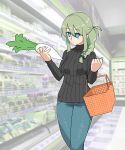  basket blue_eyes braid breasts casual daikon eyebrows_visible_through_hair food green_hair hair_over_shoulder hat long_hair medium_breasts monochrome_background muu_(mumumer) original ribbed_sweater shopping_basket solo supermarket sweater vegetable yunomiya_agari 