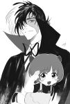  1boy 1girl :3 black_jack_(character) black_jack_(series) blush_stickers bob_cut bow closed_mouth coat collared_shirt dress greyscale hair_bow hair_over_one_eye highres leg_up looking_at_viewer mary_janes monochrome multicolored_hair multiple_hair_bows mystical_high_collar neck_ribbon open_mouth patchwork_skin pinafore_dress pinoko ribbon salute scar scar_on_face shirt shoes short_hair short_sleeves simple_background sio2_(whynotkarma) sleeveless sleeveless_dress split-color_hair thick_eyebrows two-tone_hair 