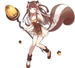  1girl acorn animal_ear_fluff animal_ears ark_order blush bow breasts brown_dress brown_eyes brown_footwear brown_hair closed_mouth dress flats full_body hair_bow hairband holding holding_staff leg_warmers long_hair looking_at_viewer official_art ratatoskr_(ark_order) red_bow rubbing_eyes sidelocks sleepy sleeveless sleeveless_dress small_breasts solo squirrel_ears squirrel_girl squirrel_tail staff tachi-e tail transparent_background two_side_up white_dress yellow_bow yellow_hairband yue_yue 