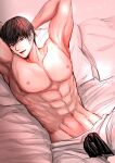  1boy abs absurdres armpits arms_behind_head artist_request black_hair fushiguro_touji head_tilt highres jujutsu_kaisen large_pectorals looking_at_viewer lying male_focus muscular muscular_male navel no_scar on_back on_bed pants pectorals seductive_smile short_hair smile solo topless_male v-taper 