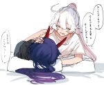  2girls black_shirt chinese_commentary closed_eyes commentary_request cross cross_earrings earrings hand_on_another&#039;s_head headpat highres honkai_(series) honkai_impact_3rd horns jewelry kiana_kaslana kiana_kaslana_(herrscher_of_flamescion) long_hair lying mixed-language_commentary moonsun77773 multiple_girls on_back on_bed open_mouth ponytail purple_hair raiden_mei raiden_mei_(herrscher_of_thunder) shirt simple_background smile speech_bubble translation_request white_background white_hair yuri 
