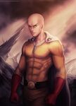  1boy abs bald belt black_belt black_eyes bodysuit cape clenched_hands closed_mouth commentary english_commentary gloves highres looking_at_viewer male_focus one-punch_man outdoors red_gloves saitama_(one-punch_man) serious solo thunderseth white_cape yellow_bodysuit 