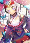  1girl animal bare_shoulders black_bow black_hair blurry blurry_foreground bow breasts bug butterfly closed_mouth commentary_request commission copyright_request depth_of_field flower grey_hair hair_flower hair_ornament hand_on_own_hip hand_up japanese_clothes kimono kou_hiyoyo long_hair looking_at_viewer mahjong_tile medium_breasts parted_bangs purple_eyes red_flower round_window skeb_commission sleeveless sleeveless_kimono smile solo very_long_hair virtual_youtuber white_kimono window 