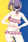  absurdres arms_behind_back ass bare_shoulders bikini fingernails frilled_bikini frills from_behind halterneck harukana_receive highres legs_apart long_hair nape nyoijizai official_art ooshiro_akari purple_hair scan shiny shiny_hair side_ponytail simple_background solo swimsuit thigh_strap v 