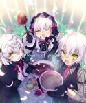  3girls apron black_dress black_gloves black_vest blush bonnet bowl breasts chocolate closed_eyes collared_shirt cup dress echo_(circa) elbow_gloves fate/grand_order fate_(series) food fork frills fruit gloves green_eyes grey_hair grey_shirt hair_between_eyes headpiece hot_chocolate jack_the_ripper_(fate/apocrypha) jack_the_ripper_(memory_of_qualia)_(fate) jeanne_d&#039;arc_alter_santa_lily_(fate) jeanne_d&#039;arc_alter_santa_lily_(memory_of_qualia)_(fate) long_hair long_sleeves looking_at_viewer macaron multiple_girls necktie nursery_rhyme_(fate) nursery_rhyme_(memory_of_qualia)_(fate) open_mouth puffy_short_sleeves puffy_sleeves scar scar_across_eye scar_on_cheek scar_on_face shirt short_hair short_sleeves shoulder_tattoo small_breasts smile tattoo tray vest white_apron white_hair yellow_eyes 