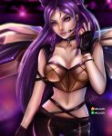  absurdres breasts collar double_bun eyeliner headset highres idol k/da_(league_of_legends) k/da_kai'sa kai'sa large_breasts league_of_legends long_hair makeup millalol purple_eyes purple_hair smile solo wings 