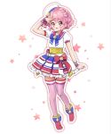  1boy :d blush braid chii_(chi_pppuri) commentary_request crossdressing dress frilled_dress frills full_body hand_up highres idol_clothes looking_at_viewer mole mole_under_eye open_mouth otoko_no_ko pink_eyes pink_footwear pink_hair pink_thighhighs pretty_series pripara red_ribbon red_sailor_collar reona_west ribbon sailor_collar shoes short_hair short_sleeves side_braid smile solo standing star_(symbol) thighhighs white_background wrist_cuffs 