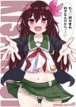  1girl absurdres blue_jacket brown_hair character_name clothes_lift cowboy_shot crescent crescent_pin green_sailor_collar green_skirt hair_ornament highres incoming_hug jacket kantai_collection kisaragi_(kancolle) kitahama_(siroimakeinu831) long_hair looking_at_viewer midriff navel neckerchief one-hour_drawing_challenge open_clothes open_jacket open_mouth panties pantyshot pleated_skirt purple_eyes red_neckerchief sailor_collar school_uniform serafuku shirt skirt skirt_lift smile solo text_background translation_request twitter_username underwear white_background white_panties white_shirt wind wind_lift 