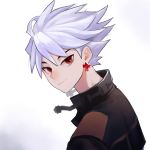 1boy earrings jewelry looking_at_viewer male_focus red_eyes rough_(talesrunner) silver_hair simple_background smile spiked_hair talesrunner upper_body white_background 
