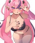  1girl :q artist_name black_bra black_nails black_panties blush bra breast_suppress breasts cleavage demon_horns earrings heart heart_earrings highres horns ironmouse jewelry large_breasts long_hair long_pointy_ears multicolored_hair multiple_earrings navel panties pink_hair pointy_ears purple_eyes simple_background smile solo streaked_hair succuguts thigh_gap thighhighs tongue tongue_out twintails underwear underwear_only v very_long_hair virtual_youtuber vshojo watermark white_background white_thighhighs 
