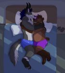 anthro bear bed bedroom belly biped brown_bear bulge canid canine canis claws clothing cuddling demon demonic demonic_eyes dire_wolf duo evil_grin fangs feet fur furniture grey_body grey_fur grizzly_bear hair hi_res horn hug jewelry light lying male male_anthro mammal mane mane_hair medallion moonlight muscular muscular_anthro muscular_male myth_(mythdawuff) necklace night occult_symbol on_side paws pentagram piercing plantigrade pupils purple_hair red_eyes sillywerwolf size_difference slightly_chubby slit_pupils smile symbol table tail teeth underwear ursine wolf wolf_demon