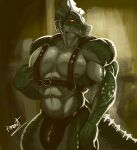abs absurd_res anthro armor barazoku biceps bulge clothed clothing crocodile crocodilian crocodylid digital_drawing_(artwork) digital_media_(artwork) digital_painting_(artwork) fanfiction fangs fingers green_body harness headgear helmet hi_res leather male male/male muscular muscular_anthro muscular_male nipples orange_eyes partially_clothed pecs pinumontbalou renekton reptile scalie solo story story_at_source story_in_description tail teeth
