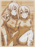  2girls absurdres aurora_e._juutilainen blush breasts character_name eila_ilmatar_juutilainen grin highres indoors large_breasts long_hair looking_at_viewer monochrome multiple_girls siblings sisters sitting smile strike_witches sweater tama_kitsune world_witches_series 