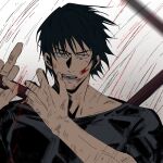  1boy black_hair blood blood_on_face fushiguro_touji half-closed_eyes hands_up highres jujutsu_kaisen looking_at_viewer male_focus mature_male muscular muscular_male pectorals piaofuzai_tiankong scar scar_on_face scar_on_mouth serious shirt short_hair solo t-shirt upper_body 