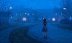  1girl ame_sagari arms_behind_back bare_arms black_hair comiket_92 commentary_request dress fog from_behind hand_on_own_arm highres house lamppost light lights long_hair night original photoshop_(medium) road sailor_collar sailor_dress scenery short_dress short_sleeves socks solo standing street town tree walkway wide_shot window 