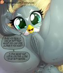  2018 anus avian beak english_text feathers female friendship_is_magic gabby_(mlp) green_eyes grey_feathers gryphon multicolored_feathers my_little_pony open_mouth pusspuss pussy solo speech_bubble text tongue two_tone_feathers white_feathers 