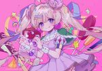  1girl :p absurdres ahoge blonde_hair candy cowboy_shot dress earrings fishnet_pantyhose fishnets food hair_ornament hairclip highres jewelry lollipop long_hair modohwa original pantyhose pink_background purple_dress purple_eyes symbol-shaped_pupils tongue tongue_out twintails wrist_cuffs 