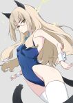  1girl animal_ears blonde_hair blue_one-piece_swimsuit blush breasts covered_navel glasses long_hair looking_at_viewer one-piece_swimsuit perrine_h._clostermann sketch small_breasts solo strike_witches swimsuit tail thighhighs white_thighhighs world_witches_series wrist_cuffs yellow_eyes yuzuyoukan 