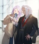  2boys black_necktie braid clenched_teeth coat coffee_cup cowboy_shot cup disposable_cup drink drinking emet-selch final_fantasy final_fantasy_xiv highres holding holding_drink holding_paper hythlodaeus looking_at_another looking_at_object male_focus medium_hair mt_(ringofive) multiple_boys necktie paper purple_eyes purple_hair signature suit teeth white_hair yellow_eyes 