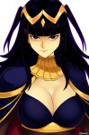  1girl absurdres black_eyes black_hair blunt_bangs bodystocking breasts cleavage closed_mouth fire_emblem highres large_breasts long_hair looking_at_viewer simple_background smgold solo tharja_(fire_emblem) upper_body white_background 